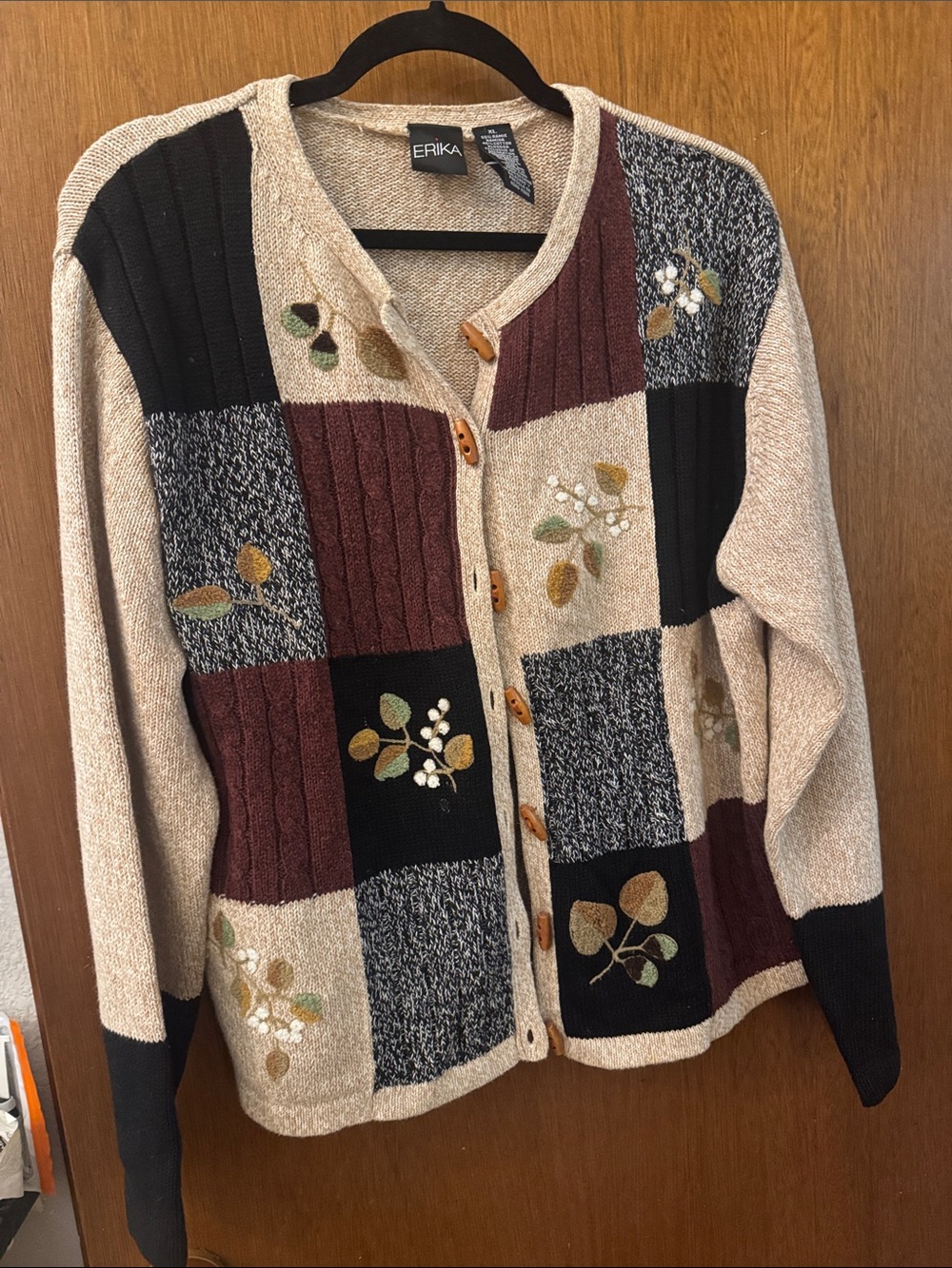 Erika Patchwork Cardigan in Beige, Burgundy & Black with Floral Embroidery